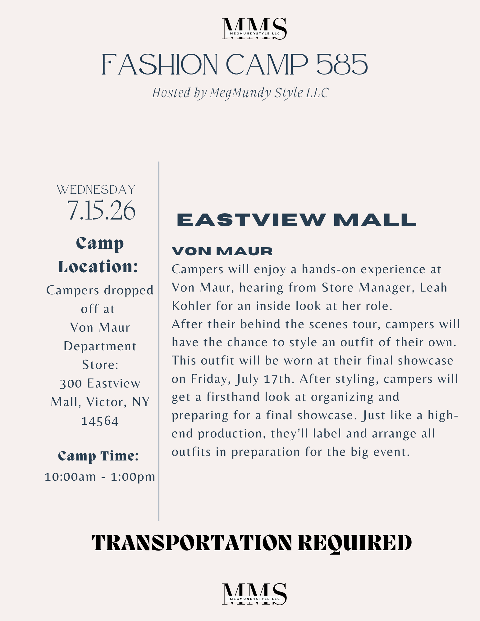 Fashion Camp 585 itinerary — Wednesday · 7.15