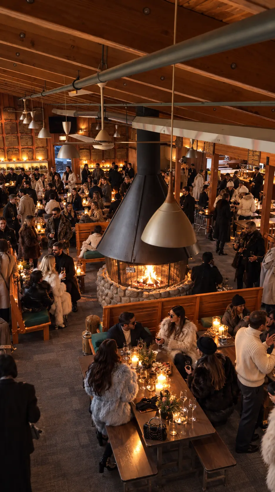 Guests gathered around the lodge fireplace