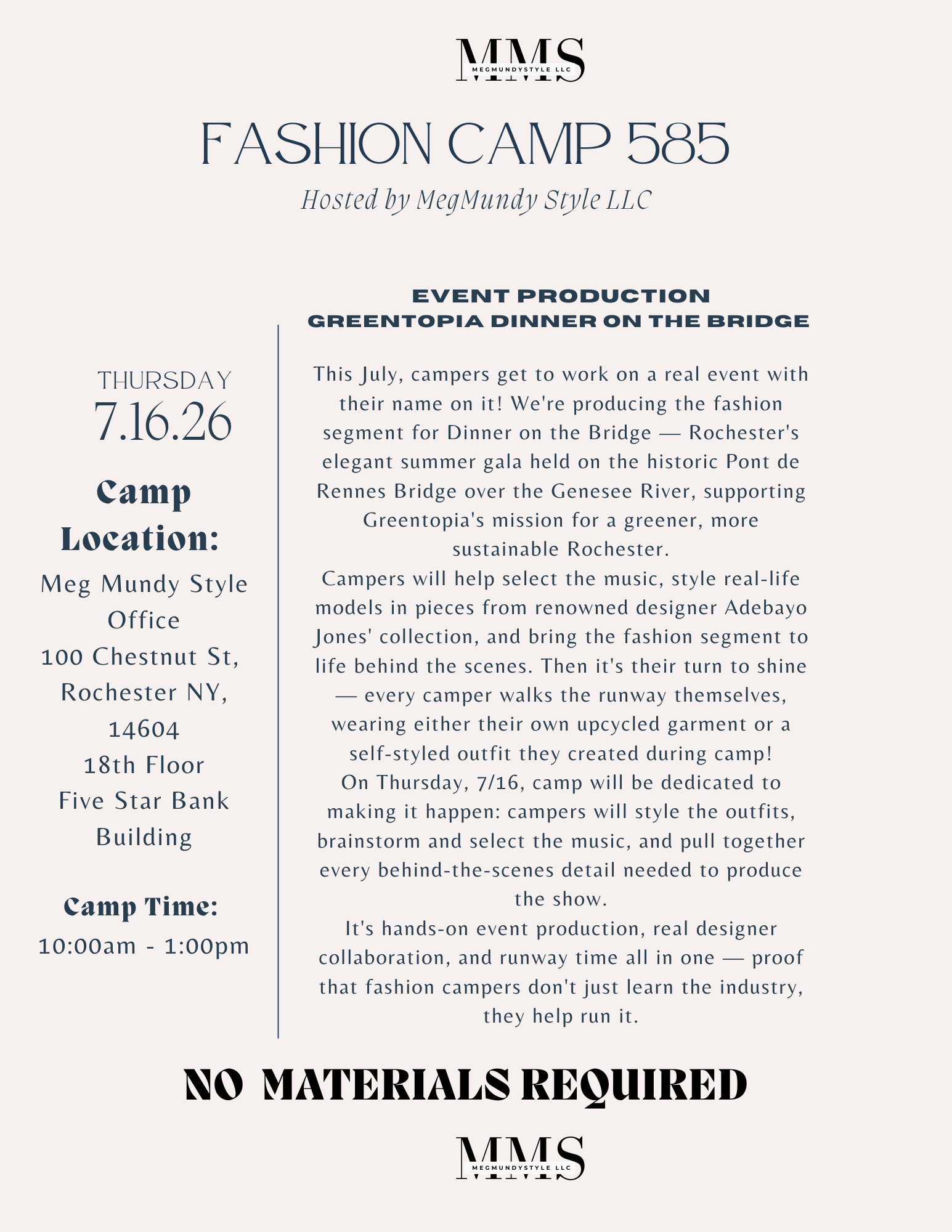 Fashion Camp 585 itinerary — Thursday · 7.16