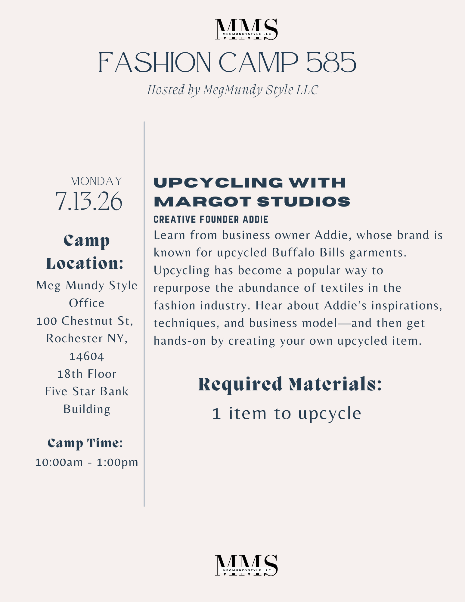 Fashion Camp 585 itinerary — Monday · 7.13