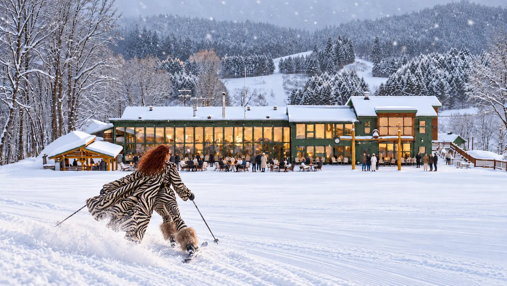 Skier in zebra print at a snowy lodge