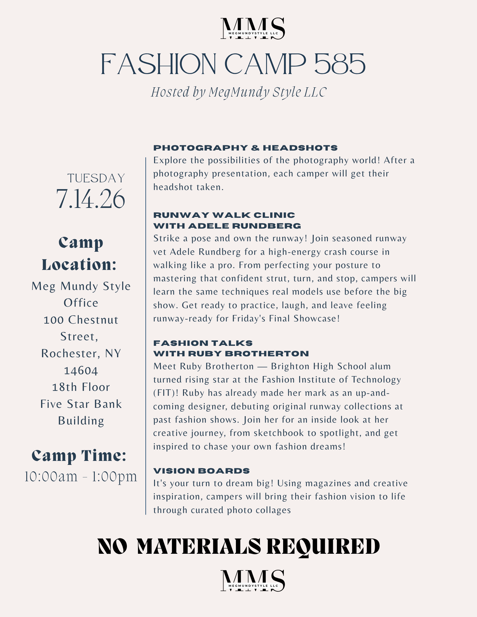 Fashion Camp 585 itinerary — Tuesday · 7.14